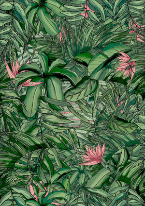 Tropical Forest wallpaper by Brand McKenzie in green and pink, detail of tropical leaves