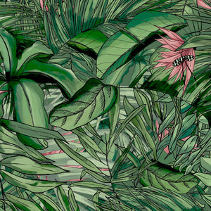 Tropical Forest wallpaper by Brand McKenzie in green and pink, close-up of tropical leaves