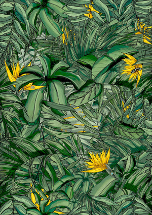 Tropical Forest wallpaper by Brand McKenzie in green and yellow, pattern detail of tropical leaves