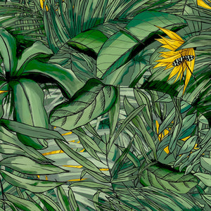 Tropical Forest wallpaper by Brand McKenzie in green and yellow, close view of tropical leaves