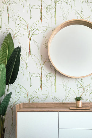 Tropical Paradise wallpaper by Seed Home Designs in white, slender tropical stems in a bathroom