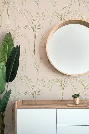 Tropical Paradise wallpaper by Seed Home Designs in pink, slender tropical stems on a bathroom wall
