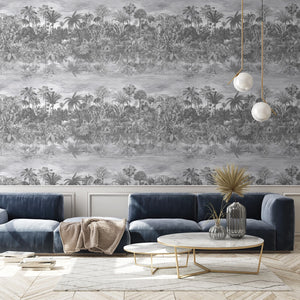 Tropical Reflections wallpaper by Brand McKenzie in black and white, palms reflected in water in a living room
