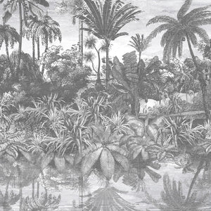 Tropical Reflections wallpaper by Brand McKenzie in black and white, close-up of palms reflected in water
