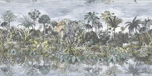 Tropical Reflections wallpaper by Brand McKenzie in grey and green, pattern detail of palms reflected in water