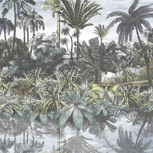 Tropical Reflections wallpaper by Brand McKenzie in grey and green, close view of palms reflected in water