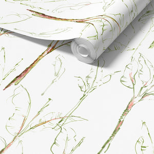Tropical Paradise wallpaper by Seed Home Designs in white, roll showing slender tropical stems