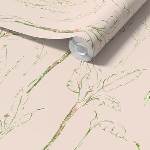Tropical Paradise wallpaper by Seed Home Designs in pink, partly unrolled roll showing slender tropical stems
