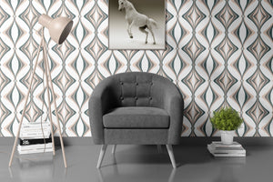Hourglass wallpaper by Liberty James Studio in grey, a retro hourglass wave on a bathroom wall