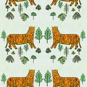 Tiger Tiger velvet by Annika Reed in mint green and orange, full repeat of tigers and trees