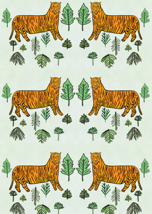 Tiger Tiger velvet by Annika Reed in mint green and orange, full repeat of tigers and trees