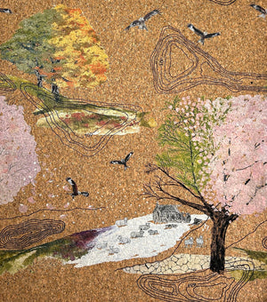Up Hill Down Dale cork wallpaper by The Monkey Puzzle Tree in beige, close-up of a landscape on cork