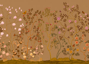 Eden Garden wallpaper by Dami and Em Design in orange, full repeat of a chinoiserie garden