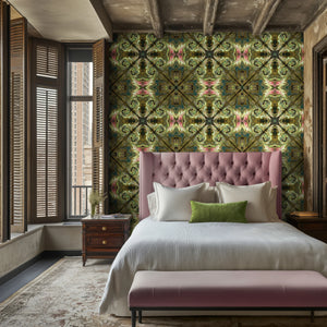 Versailles wallpaper by Liberty James Studio in green and gold, an ornate kaleidoscope design in a bedroom