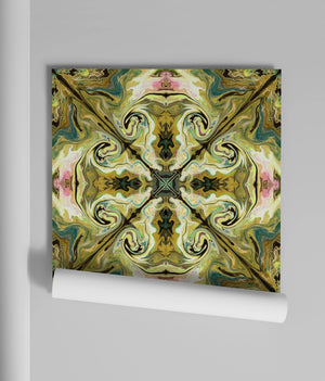 Versailles wallpaper by Liberty James Studio in green and gold, roll showing an ornate kaleidoscope design