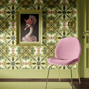 Versailles wallpaper by Liberty James Studio in green and gold, an ornate kaleidoscope design in a dining area
