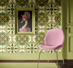 Versailles wallpaper by Liberty James Studio in green and gold, an ornate kaleidoscope design in a dining area