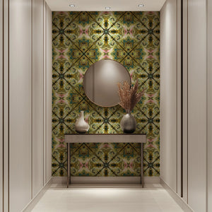 Versailles wallpaper by Liberty James Studio in green and gold, an ornate kaleidoscope design in a hallway