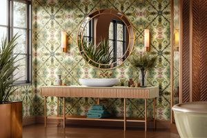 Versailles wallpaper by Liberty James Studio in green and gold, an ornate kaleidoscope design behind a desk in a home office