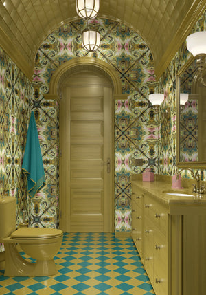 Versailles wallpaper by Liberty James Studio in green and gold, an ornate kaleidoscope design in a bathroom