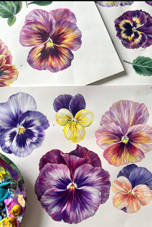 Plethora of Pansies wallpaper by Victoria Sanders in pink, flat sample of painted pansies