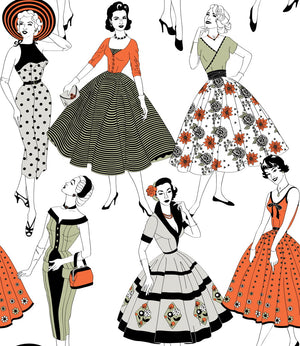 Vintage Dress wallpaper by Dupenny in multicolour, flat sample of 1950s dresses