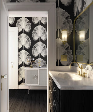 Empress Fan wallpaper by Liberty James Studio in white, art deco fan leaves on a bathroom wall