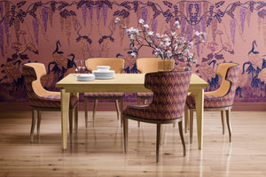 Wisteria Peony and Cranes wallpaper by Dami and Em Design in pink, wisteria, peonies and cranes in a dining area