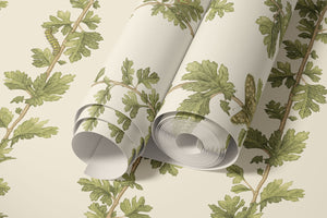 Hawthorn Stripe wallpaper by Studio Le Cocq in green, roll showing trailing hawthorn stripes