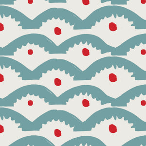 Wiggly Squiggly wallpaper by Annika Reed in teal and red, flat sample of wiggly waves