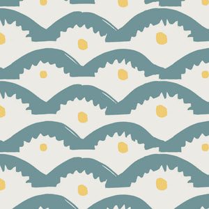 Wiggly Squiggly wallpaper by Annika Reed in teal and yellow, full repeat of wiggly waves