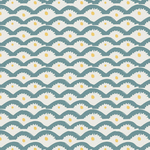 Wiggly Squiggly wallpaper by Annika Reed in teal and yellow, pattern sample of wiggly waves