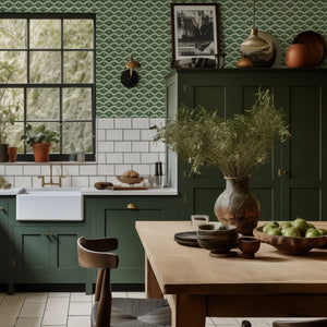 Wiggly Squiggly wallpaper by Annika Reed in green, wiggly waves in a kitchen