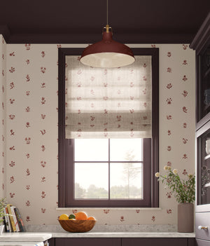 Cottage Ditsy wallpaper by Studio Le Cocq in burgundy, scattered ditsy flowers in a dining area