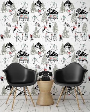 Winter Sports wallpaper by Dupenny in black and white, vintage winter sports in a styled room setting