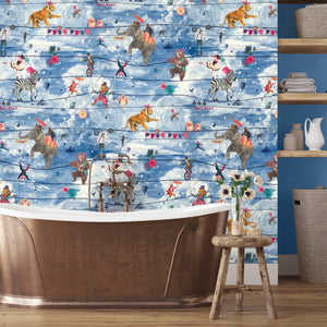 Wired wallpaper by Brand McKenzie in blue, animals perched on telegraph wires in a bathroom