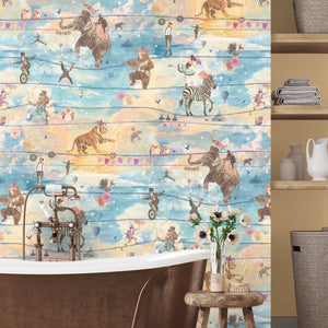 Wired wallpaper by Brand McKenzie in blue and peach, animals perched on telegraph wires in a bathroom