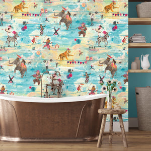 Wired wallpaper by Brand McKenzie in multicolour, animals perched on telegraph wires in a bathroom setting