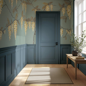 Wisteria Rainfalls wallpaper by Dami and Em Design in teal, falling wisteria in a hallway