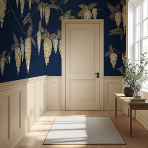 Wisteria Rainfalls wallpaper by Dami and Em Design in blue, falling wisteria in an entryway