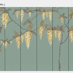 Wisteria Rainfalls wallpaper by Dami and Em Design in teal, full repeat of falling wisteria