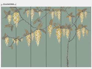 Wisteria Rainfalls wallpaper by Dami and Em Design in teal, full repeat of falling wisteria