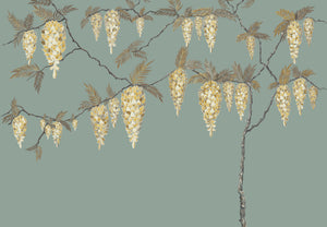 Wisteria Rainfalls wallpaper by Dami and Em Design in teal, flat sample of falling wisteria