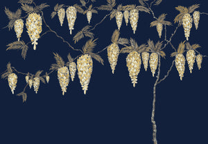 Wisteria Rainfalls wallpaper by Dami and Em Design in blue, pattern sample of falling wisteria