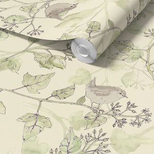 Wrens in Ivy wallpaper by Seed Home Designs in white, roll showing wrens among ivy