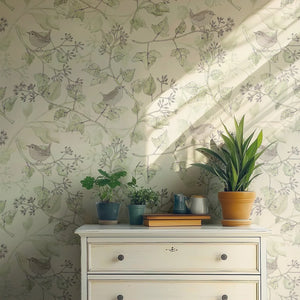 Wrens in Ivy wallpaper by Seed Home Designs in white, wrens among ivy above a sideboard