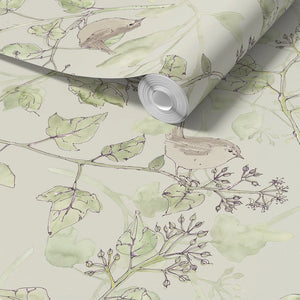 Wrens in Ivy wallpaper by Seed Home Designs in grey, sample roll showing wrens among ivy