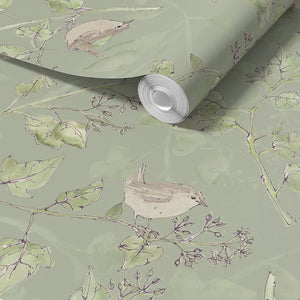Wrens in Ivy wallpaper by Seed Home Designs in green, partly unrolled roll showing wrens among ivy