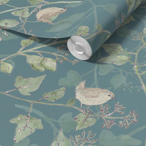 Wrens in Ivy wallpaper by Seed Home Designs in teal, flat sample of wrens among ivy