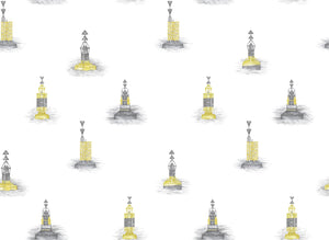 Cardinal wallpaper by XV Interiors in yellow, flat sample of lighthouses and buoys